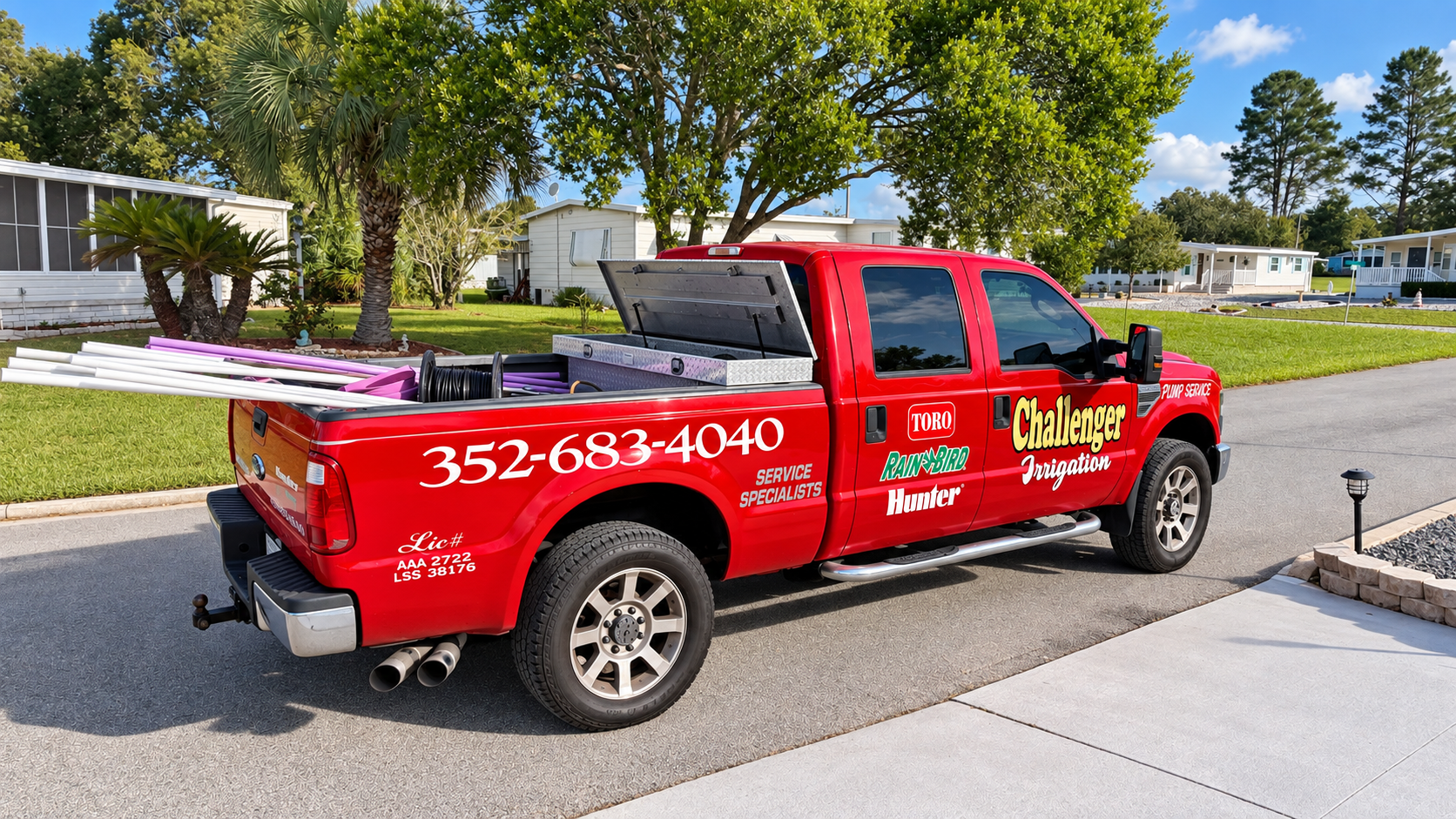 Challenger Irrigation truck at a residential job in Brooksville, FL