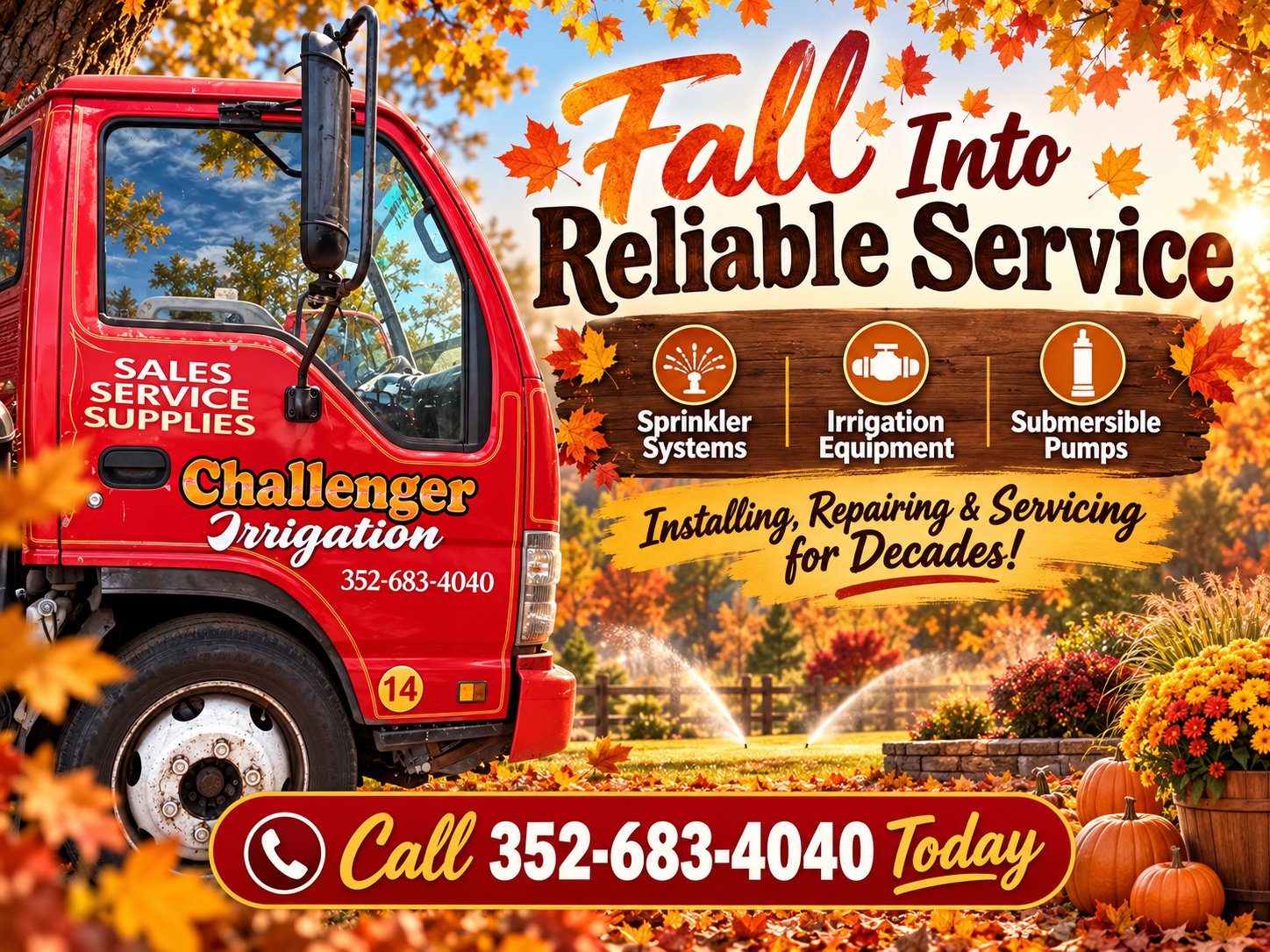 Fall Into Reliable Service — Challenger Irrigation sales, service and supplies: sprinkler systems, irrigation equipment and submersible pumps. Installing, repairing and servicing for decades. Call (352) 683-4040 today.