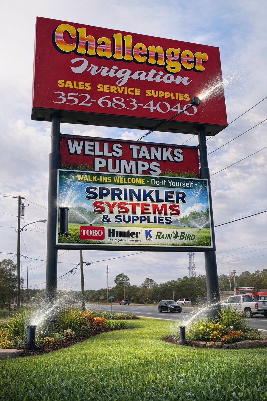Challenger Irrigation roadside sign featuring all services and phone number